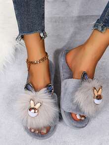 Cute Rhinestone Rabbit Plush One-Toe Open Slippers For Women, Soft Comfortable Warm Non-Slip Indoor Home Slippers, Autumn/Winter New - Grey - View 5
