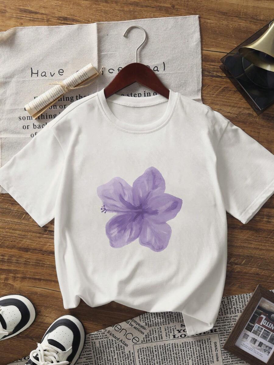 New Women Soft Versatile Casual Spring/Summer Fashion Casual Crew Neck Floral Print T-Shirt - White - View 1