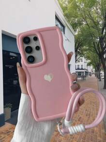 1 件粉色马卡龙波浪边手机壳，带铝箔心形吊饰和配套肩带，可爱少女柔软 TPU 保护套，适用于 17/17 Air/17 Pro/17 Pro Max/16/15/14/13/12/11 Pro Max、Galaxy S23 Ultra，美学配件礼物 - 粉色 - 查看 8