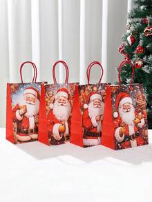4pcs Christmas Kraft Paper Gift Packing Bags Handbags, Christmas Santa Claus Print Red Hand Bags, Christmas Tote Bags With Handles, 2025 Christmas Decoration For Home, Christmas Treat Bags, Multifunctional Christmas Party Gift Wrapping Bags, Xmas Party Favors Bags, Christmas Gift Wrapping Supplies, 2026 New Year Gift Packing Bags