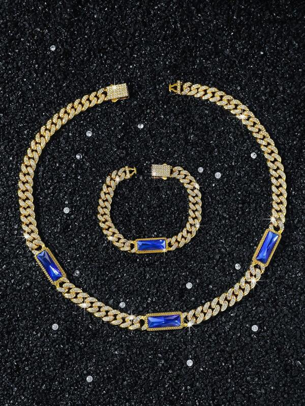 1 Set Herren 10mm Volldiamant Kette, rechteckiger Glasmosaik Hip Hop Stil Halskette und Armband Set