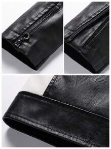 Men's Zipper Closure Long Sleeve Fitted Casual PU Leather Biker Jacket,Men's Stand Collar Leather Jacket Fall Color Block Motor Biker Jacket Full Zip Outerwear Coats ,For Boyfriend
