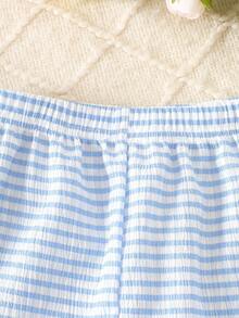 Little Girls 2Pcs Striped Outfit Set,Ruffle Trim Long Sleeve Open Front Blouse & Elastic Waist Long Pants,Spring Casual Young Girl Clothing - Blue - View 8