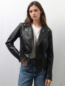 Black Fitted PU Leather Jacket with Asymmetric Zip. Motorcyclist Jacket. With multiple pockets and decorative stitching, suitable for various occasions. - 黑色 - 查看 4