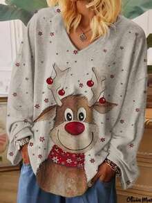 Suéter Feio de Natal Suéter Plus Size Feminino Moletom Gola V Manga Longa Estampa Engraçada de Rena e Floco de Neve Vermelho Ajuste Solto Casual de Inverno