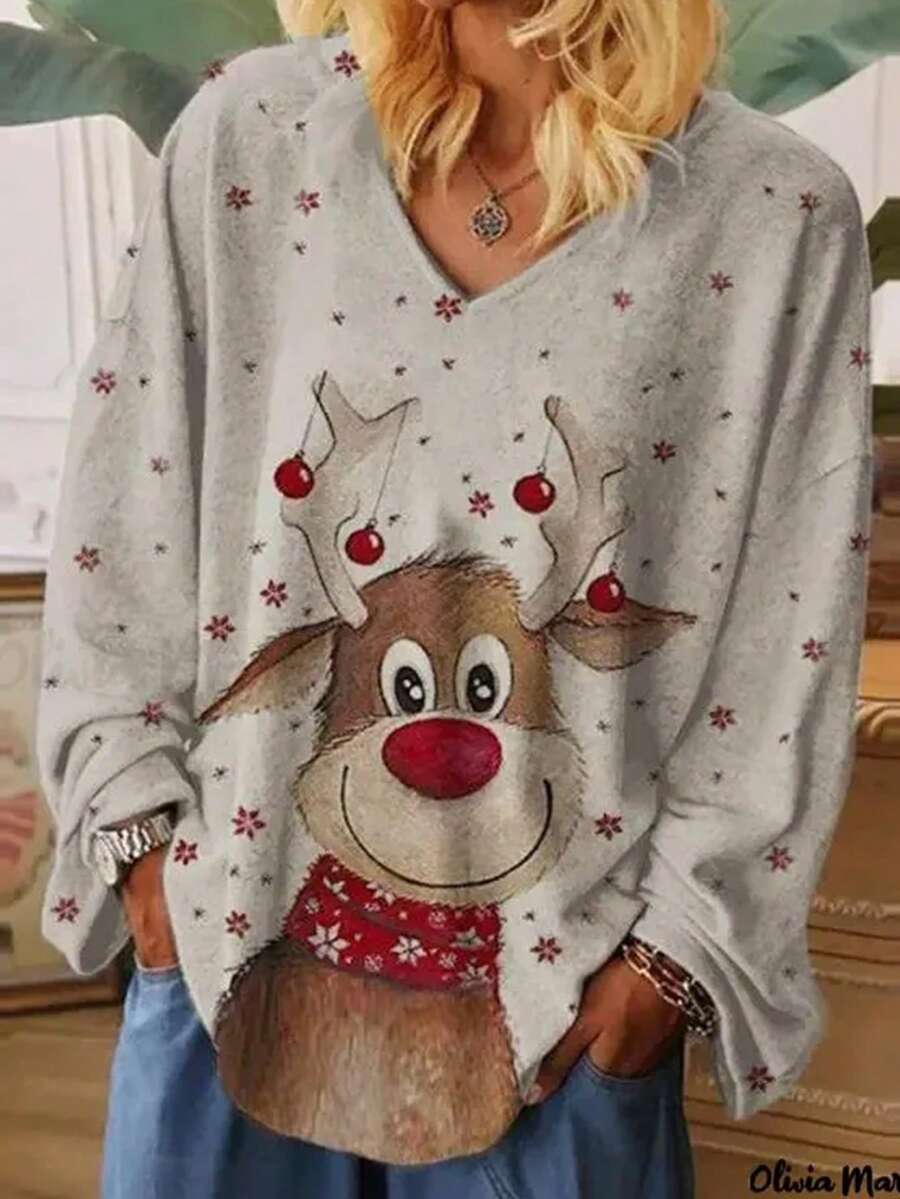 Suéter Feio de Natal Suéter Plus Size Feminino Moletom Gola V Manga Longa Estampa Engraçada de Rena e Floco de Neve Vermelho Ajuste Solto Casual de Inverno