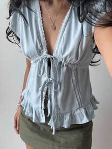 Women Short Sleeve Lace Trim Ruffle Hem Tops Tie Front Cap Sleeve Casual Shirts Cardigan Blouse - 藍色 - 查看 3