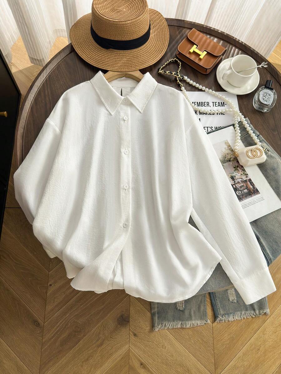 Damen einfarbige elegante Bluse mit Einzelknopfleiste und Langarm Kragen, modischer Lässig-Top für Frühling & Herbst