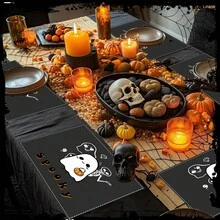 1 pieza/4 piezas/6 piezas Manteles individuales de lino con estampado de fantasmas, Halloween, regalo de Halloween, adecuado para mesa de comedor, decoración para todas las estaciones, manteles individuales lavables, decoración de habitación, manteles individuales, posavasos, manteles de mesa de cocina y comedor, decoración de fiesta interior y exterior, decoración del hogar, regalo ideal