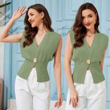 Ommig Womens Vest Tops Button Down V Neck Sleeveless Knit Summer Top For Women - 杏色 - 查看 8