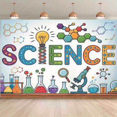 Farbenfroher wissenschaftsthematischer Hintergrundbannerr, bunte Buchstaben, experimentelle Ausrüstung und Atommodell-Muster - geeignet für dauerhafte Innen- und Außendekoration in Fotostudios, Wissenschaftsausstellungen, Klassenzimmern und Jubiläumsfeiern