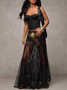 Women's Y2K LACE Patchwork Long Skirt Summer FloralHigh Waist Sheer Mesh See Through Midi A-Line Skirt For Beach Vacation Wear - 黑色 - 查看 2
