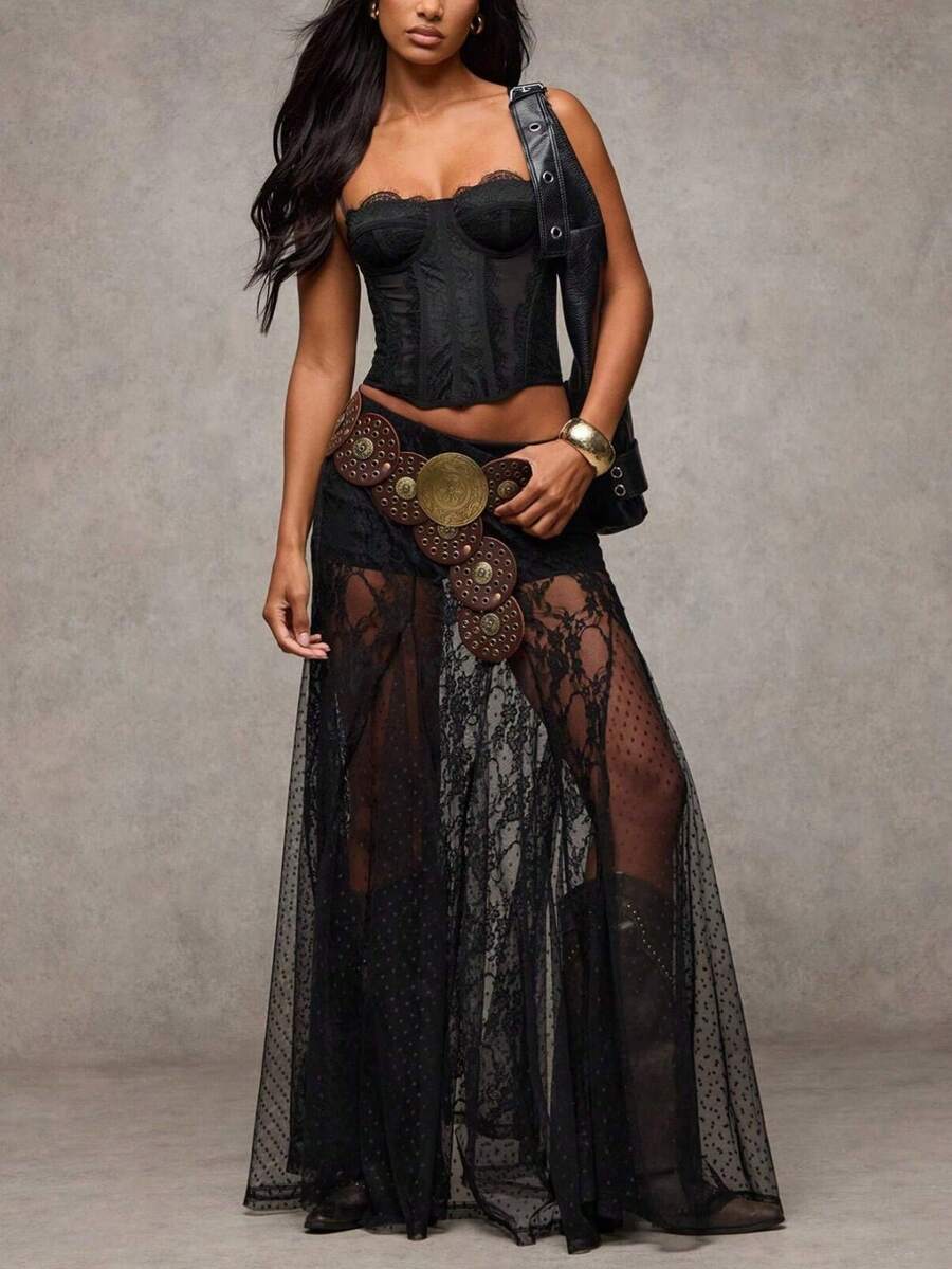 Women's Y2K LACE Patchwork Long Skirt Summer FloralHigh Waist Sheer Mesh See Through Midi A-Line Skirt For Beach Vacation Wear - 黑色 - 查看 1