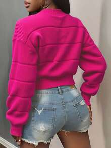 Suéter corto con hombros caídos de punto acanalado de color sólido para mujer, adecuado para viajar y tener citas. - Rosa Fucsia - Ver 5