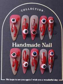 10 piezas/set Uñas postizas, puntas de uñas largas y puntiagudas, estilo Halloween, negro mate y rojo, ojos 3D, estilo Y2K, estilo chica caliente, lujo ligero, uñas hechas a mano puras, elegantes y atmosféricas, imprescindible para volver al colegio, adecuado para damas y niñas - Multicolor - Ver 2