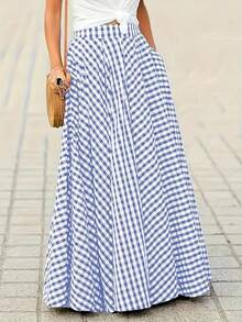 夏季女式格子印花休闲连衣裙 - 淺藍色 - 查看 3