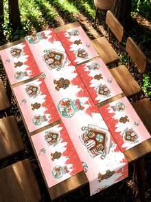 1/5/7/60pcs Pink Series Christmas Placemat/Table Runner Set, Gingerbread Man, Wish Bottle, House Pattern Table Runner, Winter Kitchen Table Decoration, Suitable For Family Gatherings, Holiday Gatherings, Kitchen Dining Rooms, Table Decoration.