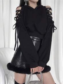 Womens Cat Ear Cropped Hoodie Long Sleeve Tie Up Bandage Cold Shoulder Hooded Sweatshirt Pullover Tops Cute Cat Crop T Shirts Tops Teen Girl Vintage Gothic Punk Emo Clothes Halloween Streetwear - 黑色 - 查看 4