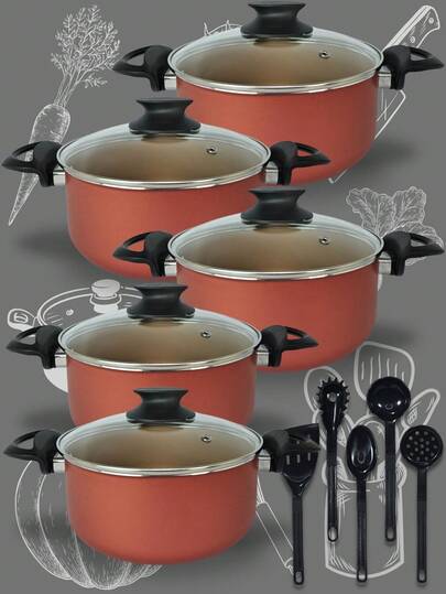 Jogo De Panelas Plus 10 Peças Caçarolas 16 a 24 cm Antiaderente com Tampa de Vidro Cereja e Dourado