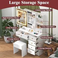 Teousev Dressing Makeup Table Set With LED Lighted Mirror,Large Drawers & Stool Vanity White,3 Color Modes Light Mirror Bedroom-White - White - View 5