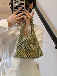 BAILEE 1 chiếc túi tote đan lưới polyester nhiều màu sắc, đáy bằng lưới, họa tiết hình thoi chần bông, nhẹ, xách tay, dung tích lớn, kiểu dáng dễ thương, thời trang, thích hợp cho phụ nữ, sinh viên mới tốt nghiệp và nhân viên văn phòng, cũng là một món quà tuyệt vời dành cho giáo viên. - Màu xanh Ô liu - Xem 3