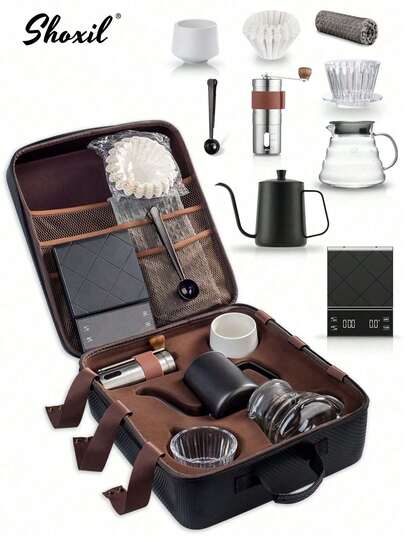 shoxil Bộ pha cà phê nhỏ giọt thủ công 10 món, bộ quà tặng máy pha cà phê di động, bộ pha cà phê nhỏ giọt thủ công ngoài trời, bao gồm: bình pha cà phê 600ml, bình pha cà phê thủy tinh 600ml (kèm giấy lọc trong suốt), 50 bộ lọc cà phê, máy xay cà phê thủ công, cốc cà phê sứ, cân cà phê, thìa cà phê, tấm lót cốc cà phê và hộp đựng cà phê.