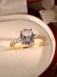 Gift Box Set Luxury Rhinestone Gold Ring, Elegant Oval Gemstone Ring Suitable For Women Wedding, Engagement, Valentine's Day, Birthday Gift