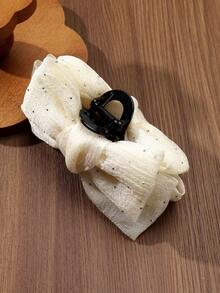 1件装女士纯色网纱水钻蝴蝶结大号发爪夹，双层网纱蝴蝶结大号发夹，适合日常搭配、舞会、派对、度假等各种场合，四季皆宜，女士发夹，优雅发卡，秋季配饰，秋冬夏季沙滩风情 - 米色 - 查看 6