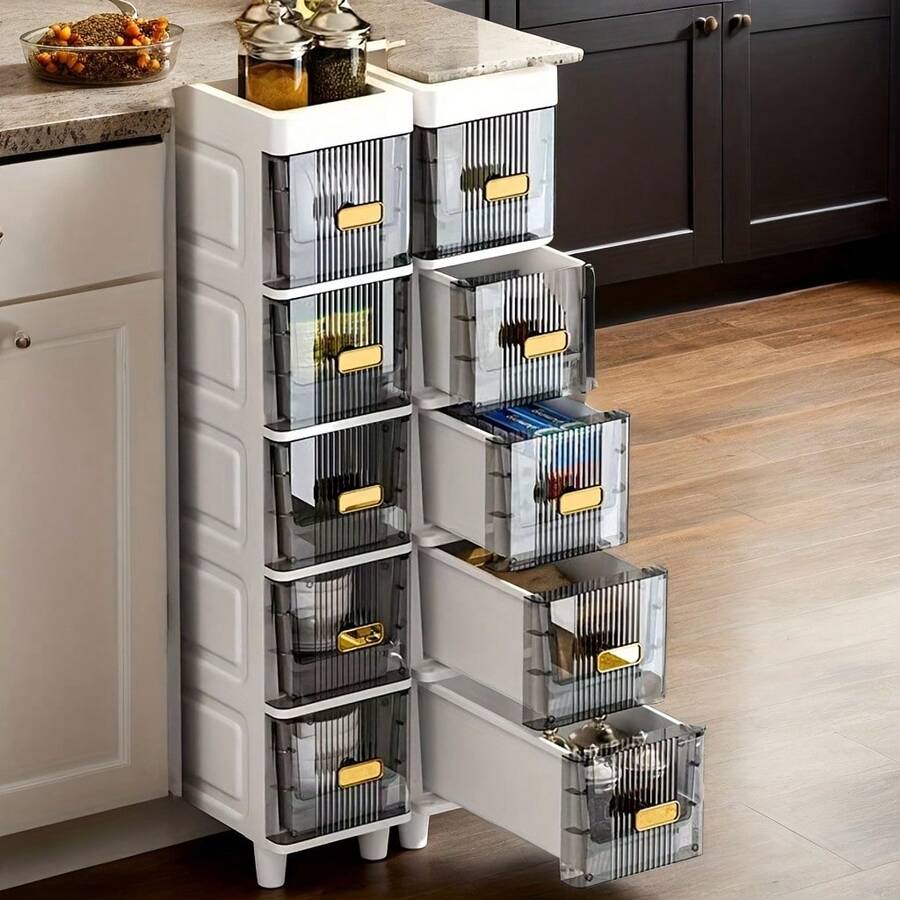 5段透明グレープラスチック引き出しオーガナイザー - キッチン、バスルーム、小さなスペース用省スペース多目的収納、コンパクト窄型棚仕切り付き調理器具・スパイス収納キッチン整理＆ストレージ - ブラウン5 - チェックする 1