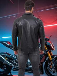 Men's Sports PU Leather Jacket, Zipper Pockets, Lapel Collar Top Outerwear, Couple Style Racing Motorcycle Casual
