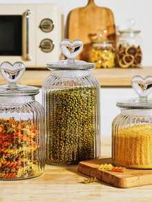 Set Of 3 Airtight Glass Jars With Heart Lids – Romantic Style Decorative Kitchen Storage - 透明 - 查看 7