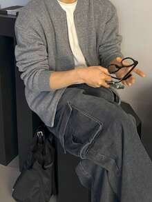 Men's Simple Solid Color Casual Loose Fit Long Sleeve Zip-Up Knit Cardigan Sweater, Suitable For Autumn/Winter