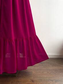 Rusttydustty 女士优雅休闲收腰红色雪纺长袖荷叶边连衣裙，适合新年、情人节等场合