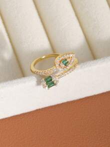 1 件优雅女士泪滴形方晶锆石戒指，适合日常佩戴、婚礼、派对 - 金黃色 - 查看 4