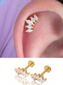 时尚不锈钢方晶锆石皇冠耳钉、耳钉、唇环、女士穿孔饰品 - 耳骨釘 - 查看 4