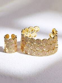Bộ 1/2 chiếc vòng tay và nhẫn sang trọng đính đá Zirconia hình tia sét, nhẫn mặt cười bằng đá Zirconia sáng bóng, vòng tay điều chỉnh được bằng đồng mạ vàng 18K đính đá Zirconia hình mặt cười, thích hợp làm quà tặng ngày Valentine. - đồ trang sức mặt - Xem 2