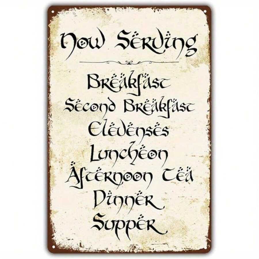 Room Decor 1pc Vintage LOTR Inspired Metal Tin Sign, "Now Serving" Humorous Kitchen Wall Art, Durable 8x12 Inches, Ideal Gift For Fans, Mealtime Decoration | Rustic Kitchen Decor | Aged Appearance, Kitchen Wall Decor, Perfect For Room Decor - 彩色 - 查看 1