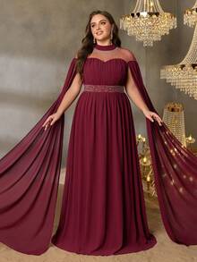 Faeriesty Curve Plus Rhinestone Detail Cloak Sleeves Chiffon Formal Dress-Perfect For Red Carpet Galas, Black-Tie Weddings, Award Ceremonies, Charity Balls, And Luxury Fashion Events