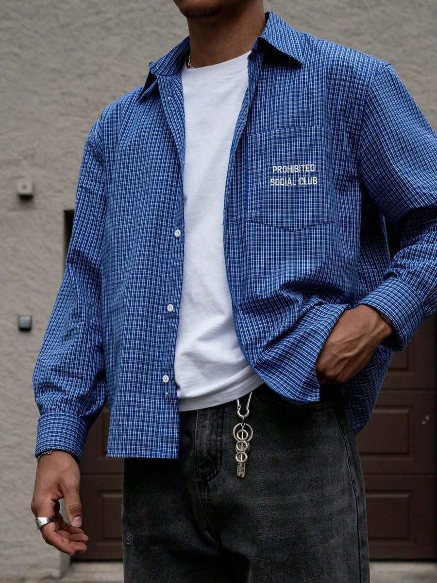 Men's Casual Street Style Plaid & Slogan Print Long Sleeve Button-Up Shirt, Suitable For Spring And Autumn