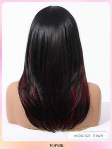 Confident And Generous 18-Inch Red Highlight Black Medium To Long Hair With Bangs,Heat-Resistant Synthetic Wigs For Women,Suitable For Work, Daily Life, And Gatherings - Red Highlight - View 5