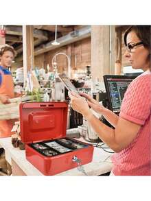 HALMAN Caja Registradora, Caja para Dinero de Negocio con Llaves(20x 16 x 9 Cm/7.9*6.3*3.5in), Caja fuerte de dinero de gran tamaño con bandeja, 2 llaves, cajón y cerradura, caja de segurida para oficina y negocios, caja de ahorro, material de metal,, Caja Registradora, Caja de Efectivo Portable para Guardar, caja con cerradura,Caja Registradora, Caja para Dinero de Negocio con Llaves,Caja Registradora de Segurida con,Caja Fuerte para Dinero Metálica con Cerradura y  Llaves ,Caja Dinero Fuerte Segurida,cash Box Metálica Mate Mediana,cajón y cerradura, caja de segurida para oficina y negocios, caja de ahorro, material de metal, caja con cerradura, regalo de regreso a la escuela,  Caja de Efectivo Portable para Guardar Joyas, Relojes, Billetes, Monedas - Rojo - Ver 9