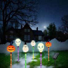 6-Pack Solar-Powered LED Halloween Horror Atmosphere Decorative Lights, With A Mix Of Skulls, Pumpkins, And Ghosts, 5-Pack Luminous Skulls To Choose From, IP44, 8 Flashing Modes, Suitable For Lawns, Gardens, Trees, Haunted Houses, Cemeteries, Halloween And Theme Party Decorations