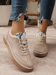 Women's Snakeskin Patchwork Lace-Up Flat Sneakers, Round Toe, Sporty Style, Suitable For Campus, Street, Outdoor, Daily Commute, Versatile Casual Sneakers