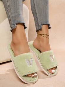 女士休闲高端时尚蝴蝶刺绣毛绒拖鞋,露趾家居拖鞋,柔软舒适软底轻便,适合婚礼季节、万圣节、客厅和卧室,四季皆宜 - 綠色 - 查看 3