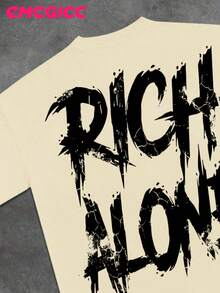 EMCGICC Y2k Men Rich Alone Street Outdoor Life Hip-Hop Style Round Neck Short Sleeved Casual T-Shirt, Comfortable And Breathable Summer Clothes - 杏色 - 查看 5