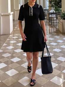 Knit Mix Vestido de punto de manga corta con bloque de color, estilo francés elegante y chic para Navidad y Año Nuevo, vestido de suéter sencillo para mujeres