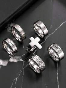 6pcs Men's Stainless Steel Ring Set, Includes Cross, Spider Cut, Roman Letter, And Plain Rings, Fashionable Accessories Suitable For Men's Daily Wear, Holidays, Dates, And Gifts