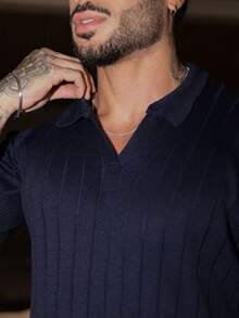 Men's Chic Lightweight Textured Knit Sweater Shirt, High Quality, Perfect For Autumn And Winter, Father's Day. - 藏蓝色 - 查看 2