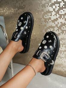 Women's Fashion Riveted Personalized Black Wedge & Platform Loafers(Suggested To Take A Larger Size),Mule Shoes - Black - View 3