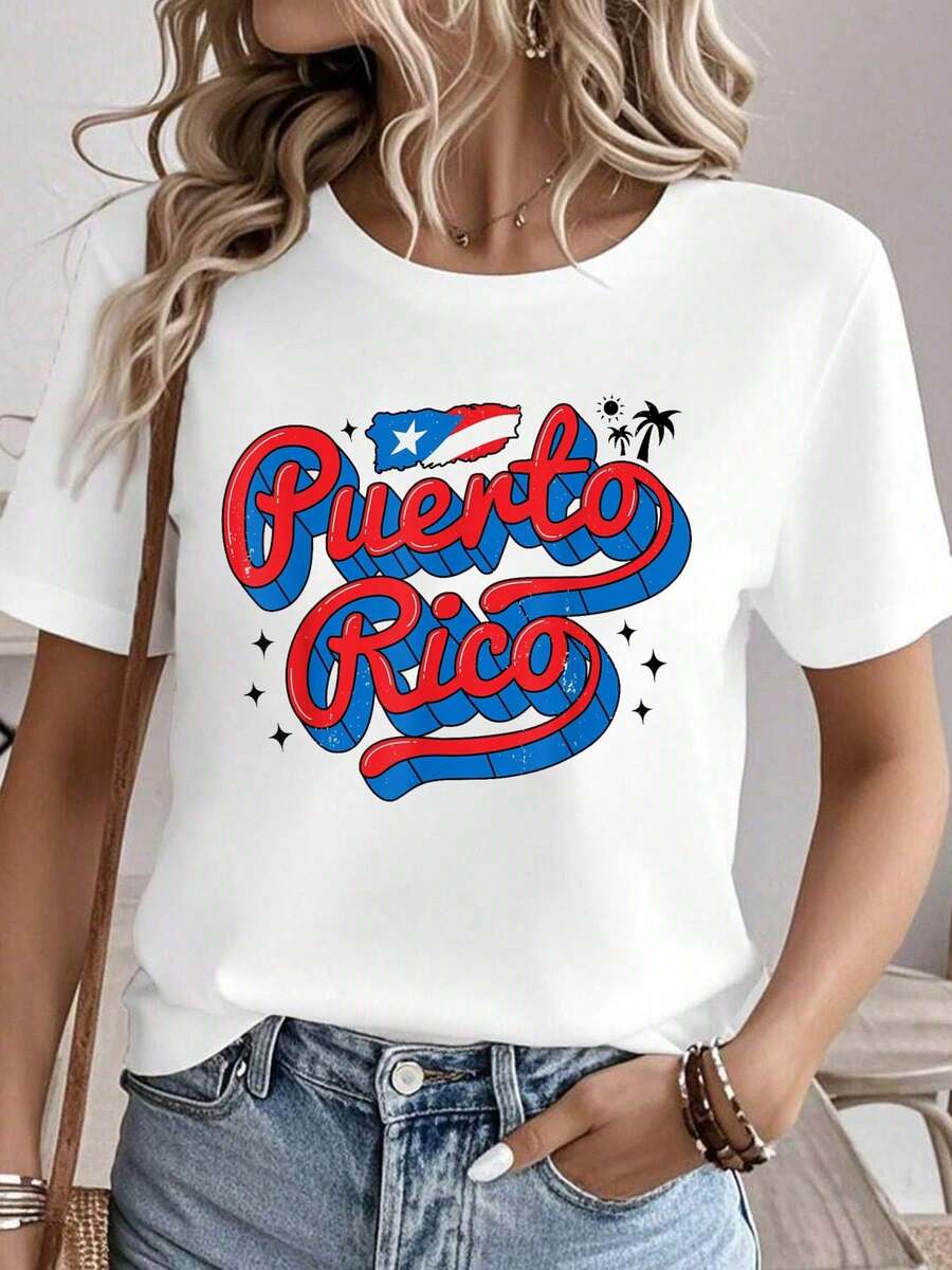 Graphic Tees Women Summer Tops Round Neck T Shirt 100%Cotton Women Clothing Summer Outfits For Women Puerto Rico Flag Hispanic Heritage Month Boricua Rican Retro T-Shirt Tops For Women White T Shirt - 白色 - 查看 1